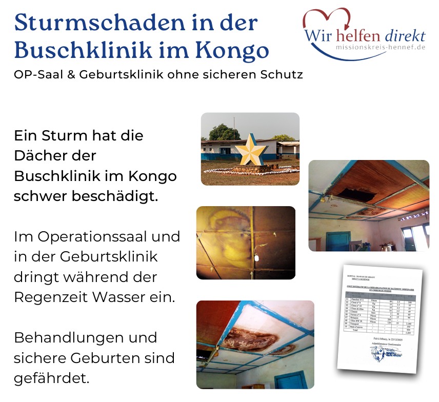 Sturmschaden in der Buschklinik im Kongo: ein großes Danke an eure Spenden